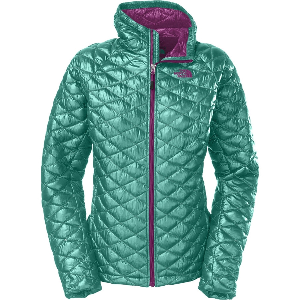 The North Face Women's M Thermoball hooded jacket in Teal and Purple.
